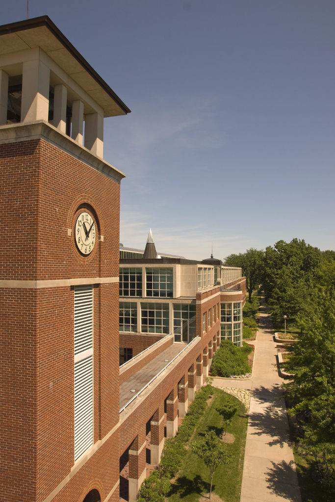 A close-up view of the Clock Tower and Pickler Memorial Library