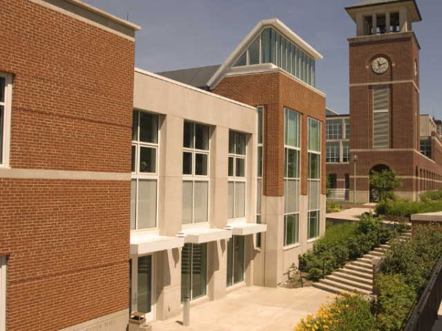 Magruder Hall with the Clock Tower in the background