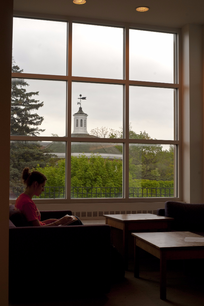 Studying in the library in a room with a view of the cupola on top of Kirk Memorial