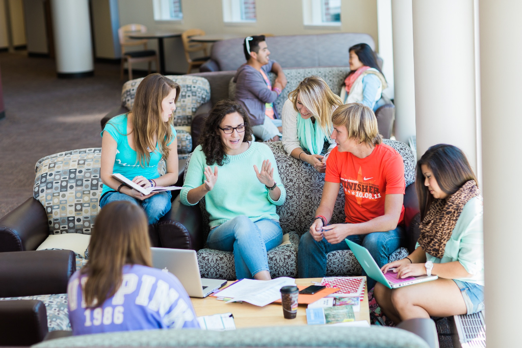 Study group in a residence hall lounge
